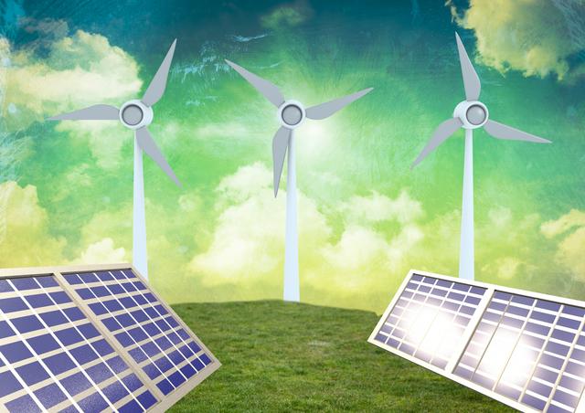 Solar panels and wind turbine on green grass against sky background - Download Free Stock Photos Pikwizard.com
