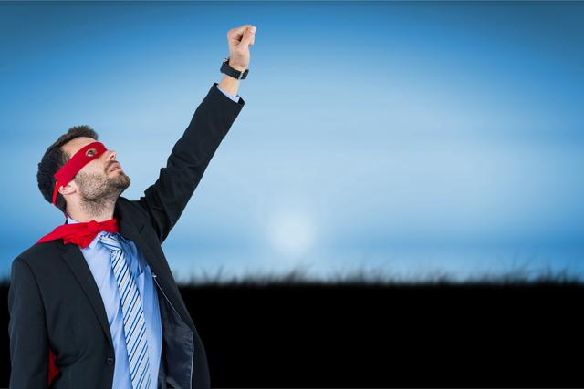 Businessman in superhero costume raising hand to fly - Download Free Stock Photos Pikwizard.com