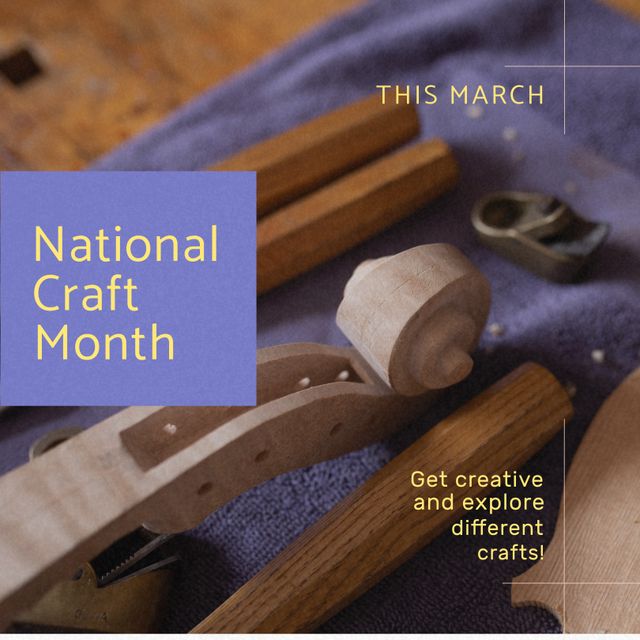 Composition of national craft month text over violin parts in workshop. National craft month, craftsmanship and small business concept.