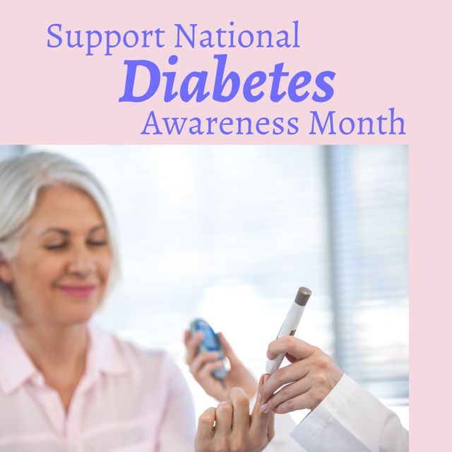 Image of national diabetes awareness month over caucaisan senior woman with insuline. Health, medicine and diabetes awareness concept.