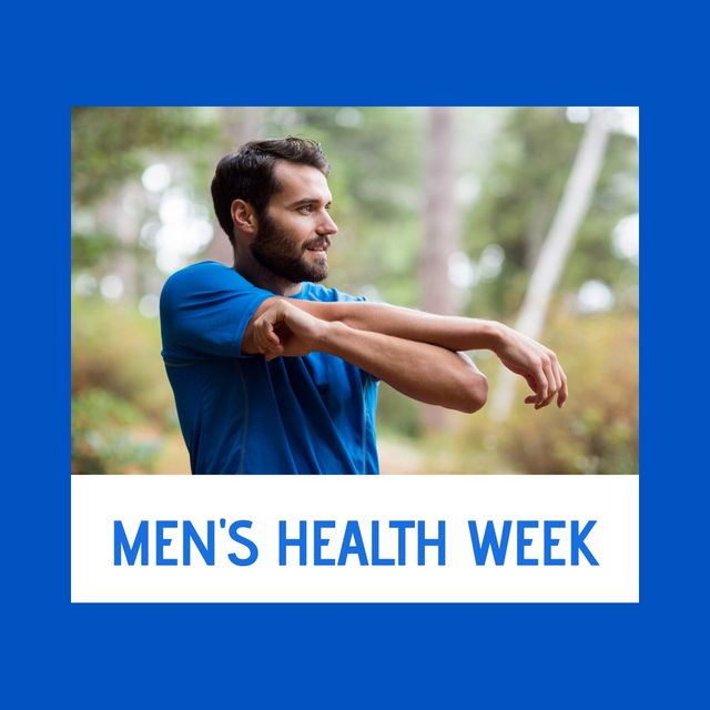 Men's health week text with copy space on caucasian man stretching arm outdoors. digital composite, healthy lifestyle and awareness concept.