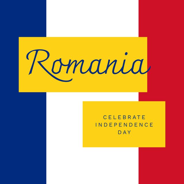 Illustration of romania celebrate independence day text in yellow rectangles on tricolor background. Copy space, patriotism, celebration, freedom and identity concept.