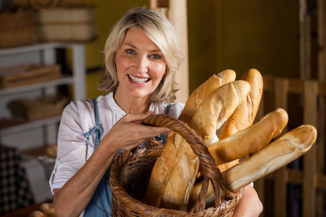 Female staff holding basket of baguettes in bakery section - Download Free Stock Photos Pikwizard.com