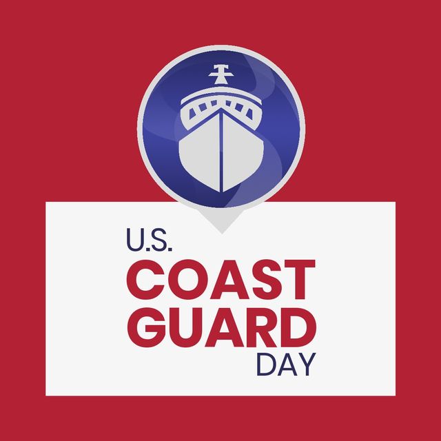 Vector image of ship with us coast guard day text on red background, copy space. Illustration, honor, celebration, united states coast guard day, revenue marine, maritime service.