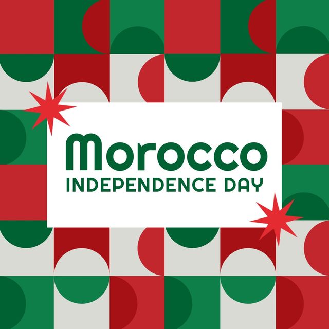 Image of morocco independence day text on white, red and green patterned background. Morocco independence day concept digitally generated image.