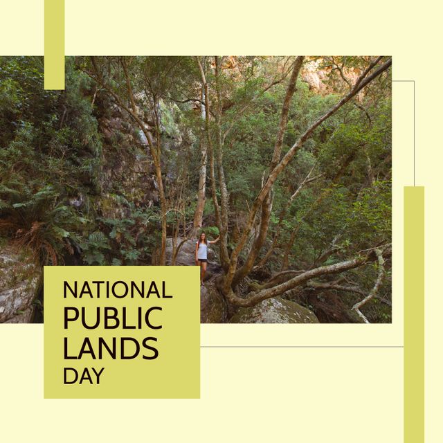 Composition of national public lands day text with caucasian woman on green background. National public lands day and celebration concept digitally generated image.