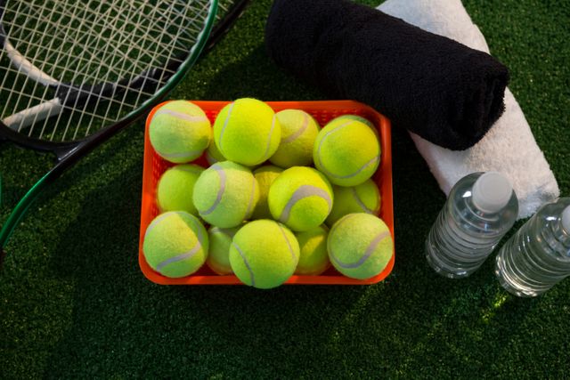 Overhead view of tennis balls in container amidst rackets and napkins by water bottles - Download Free Stock Photos Pikwizard.com
