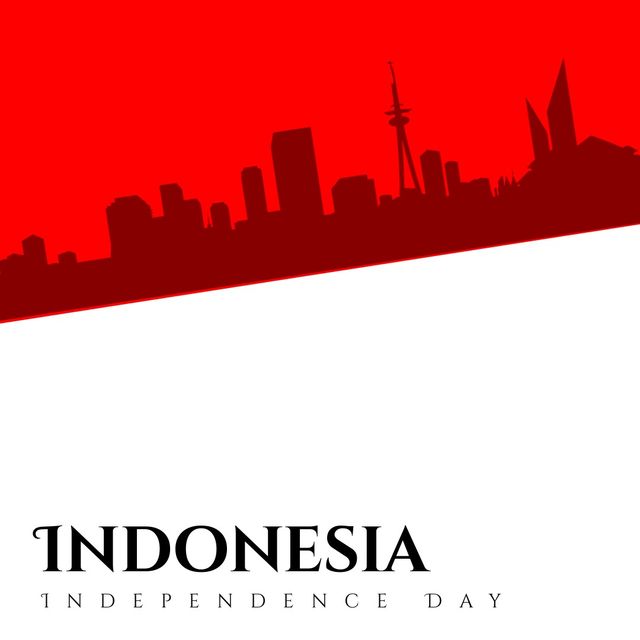 Vector image of silhouette of urban skyline with indonesia independence day text, copy space. Illustration, flag, patriotism, celebration, freedom and identity concept.