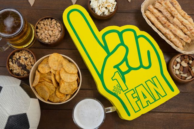 Foam hand, snacks and football on wooden table - Download Free Stock Photos Pikwizard.com