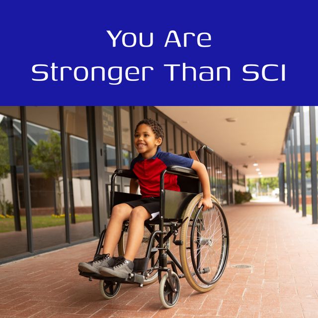 Composition of spinal cord injury awareness day text over biracial boy in wheelchair. Spinal cord injury awareness day and medicine, digitally generated image.