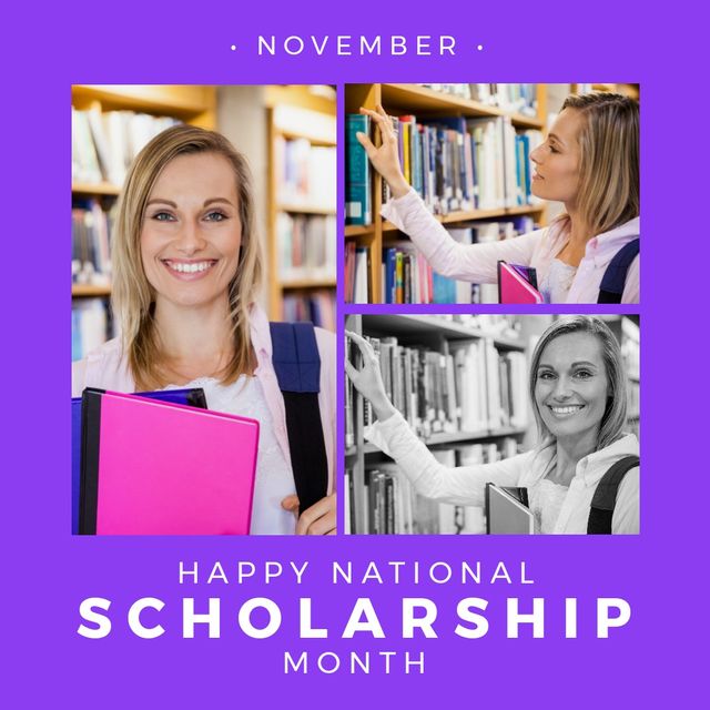 Collage of caucasian young woman in library and november and happy national scholarship month text. Composite, books, knowledge, education, opportunity and awareness concept.
