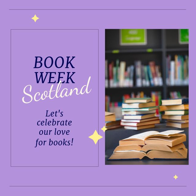 Composition of book week scotland text with books on purple background. Book week and celebration concept digitally generated image.
