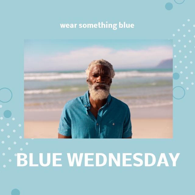 Composite of african american senior man at beach and wear something blue and blue wednesday text. Portrait, nature, copy space, mouth cancer, disease, healthcare, support, awareness and prevention.