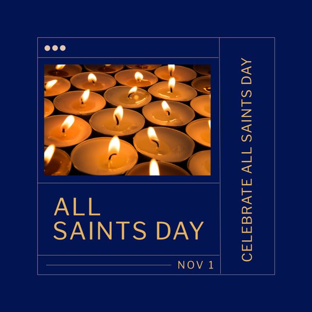 Composition of celebrate all saints day and nov 1 texts with candles over blue background. All saints day and celebration concept digitally generated image.