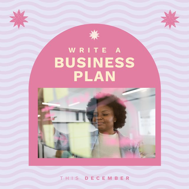 Square image of write s business plan text with businesswoman picture over pink background. Write business plan campaign.