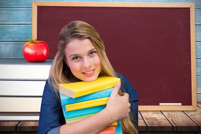 Portrait of smiling student holding stacked books in classroom - Download Free Stock Photos Pikwizard.com