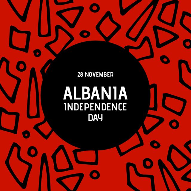 Composition of 28 november albania independence day text over shapes on red background. Albania independence day and celebration concept digitally generated image.