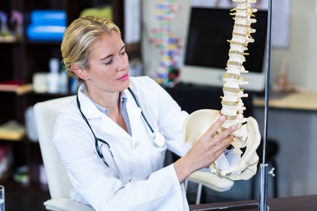 Physiotherapist looking at spine model - Download Free Stock Photos Pikwizard.com