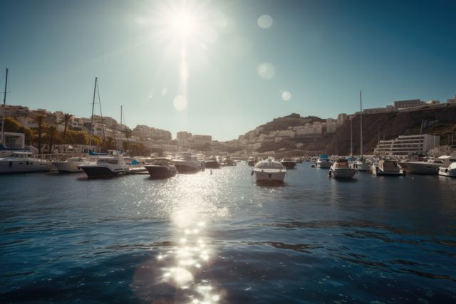 General view of port with sailing boats, sea and sunlight created using generative ai technology. Travel, sailing and seaside concept digitally generated image.