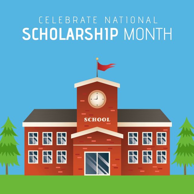 Illustration of celebrate national scholarship month text and school building on blue background. Copy space, vector, architecture, education, opportunity and awareness concept.