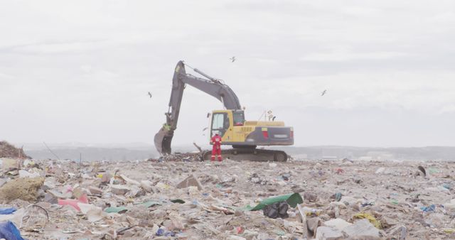General view of landfill with piles of litter, worker and excavator. Landfill, waste, pollution and environment.