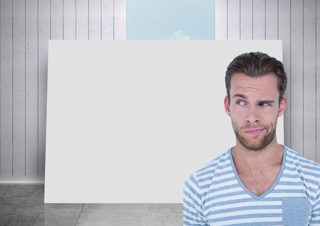 Man thinking against blank card in room and sky background - Download Free Stock Photos Pikwizard.com