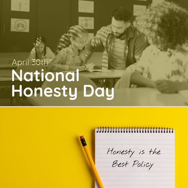 Composite of april 30th and national honesty day text over diverse man teaching girl in classroom. Honesty is the best policy, student, school, education, holiday, encourage, communication, relations.