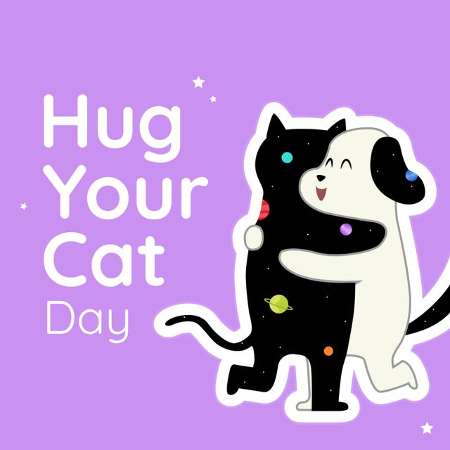 Hug your cat day text in white over hugging cat and dog on purple background. Pet cat affection promotional campaign.