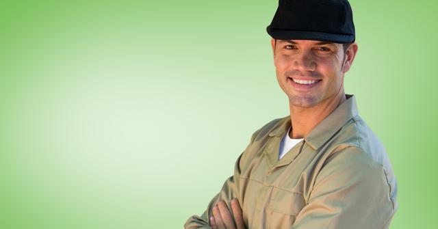 Portrait of smiling delivery man in cap - Download Free Stock Photos Pikwizard.com