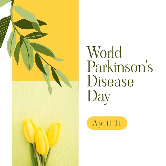 Composition of parkinson's awareness day and yellow tulips on white and yellow background. Parkinson's awareness day and healthcare concept.