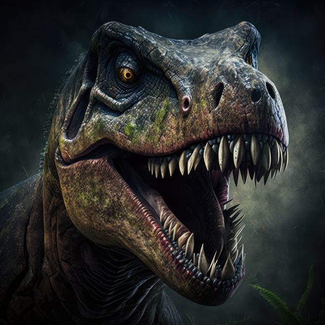 Tyrannosaurus rex dinosaur roaring over mist and leaves, created using generative ai technology. Prehistory, dinosaur and paleontology concept.