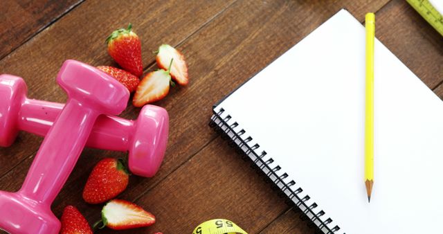 Strawberry, measuring tape, dumbbells and spiral notebook on wooden table