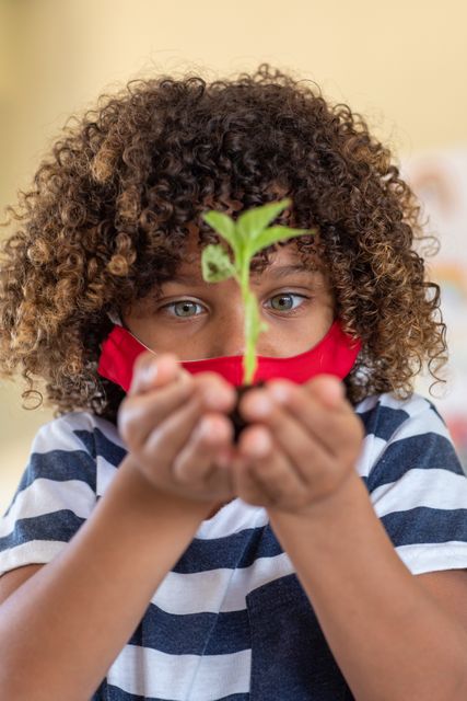 African american boy wearing face mask holding a plant at school - Download Free Stock Photos Pikwizard.com