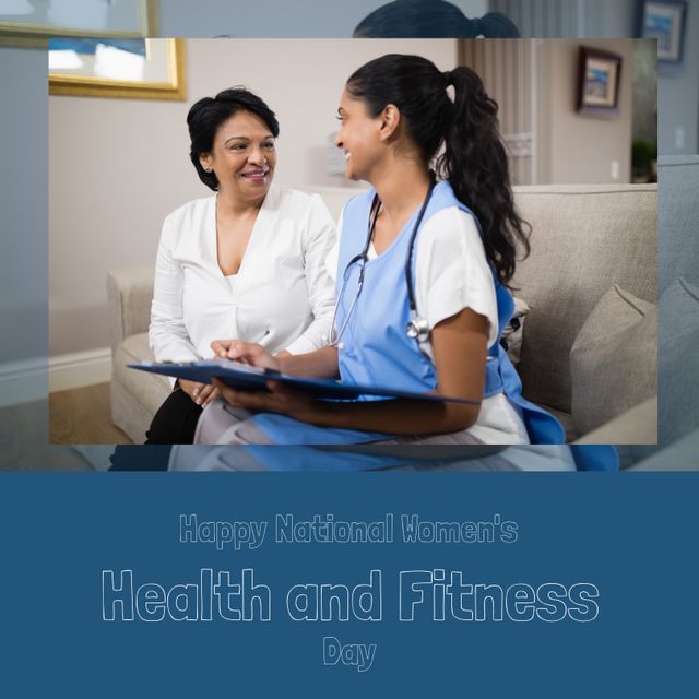 Biracial smiling doctor talking with mature woman with happy national women's health and fitness day. Text, composite, medical, support, healthcare, awareness and celebration concept.