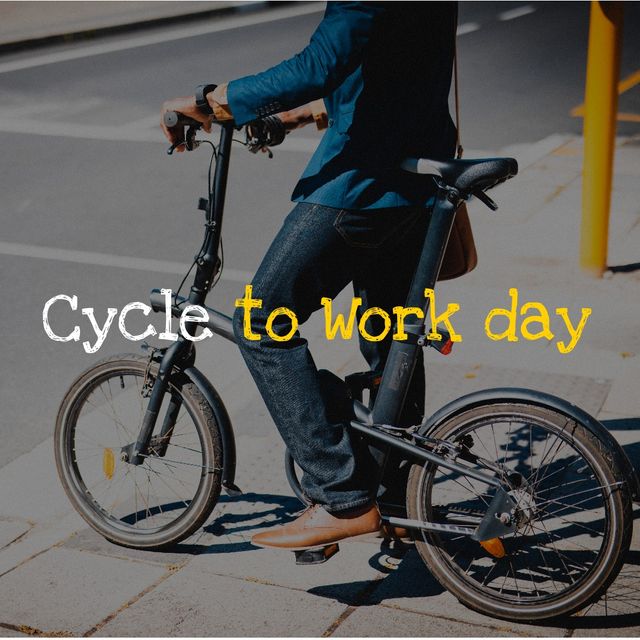 Composite of low section of caucasian man with bicycle crossing road and cycle to work day text. Commuter, sunlight, transportation, awareness, healthy and sustainable concept.