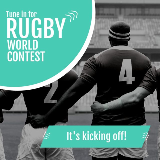 Image of rugby world contest over back view of male rugby players. Sport, rugby and competition concept.