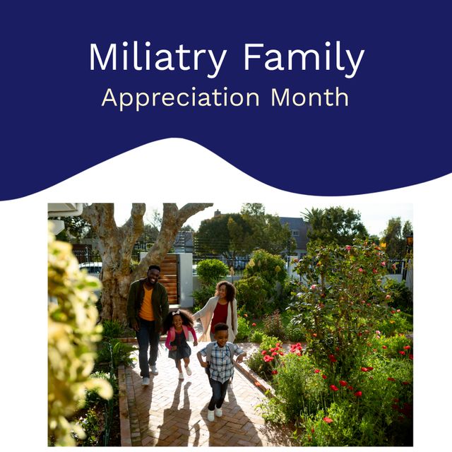 Image of military family appreciation day over happy african american family. Military, army, family and american patriotism concept.