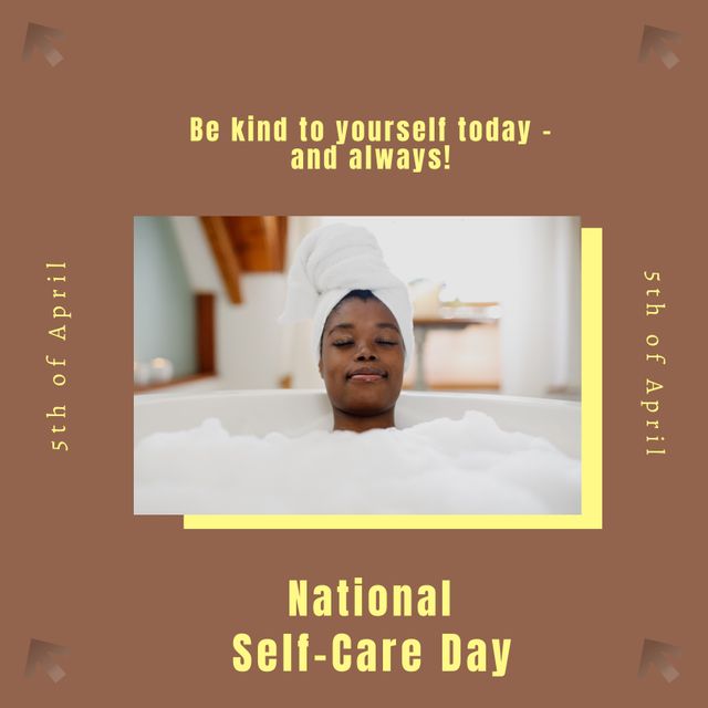 Composition of national self-care day text over african american woman taking bath. National self-care day concept digitally generated image.