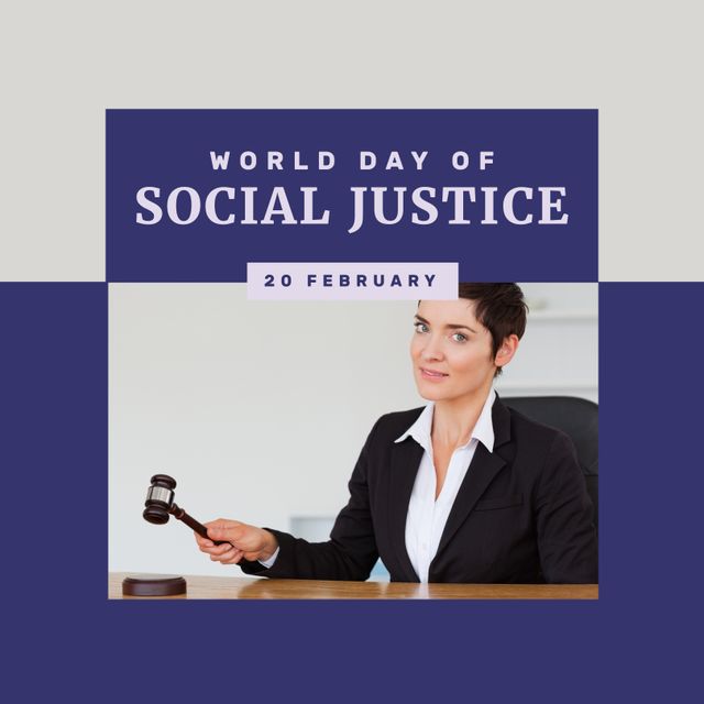Composition of world day of social justice text and caucasian woman holding justice gavel. World day of social justice, court and justice system concept digitally generated image.