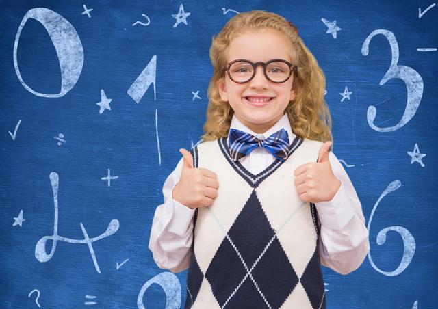 Smiling girl showing thumbs up against mathematical background - Download Free Stock Photos Pikwizard.com