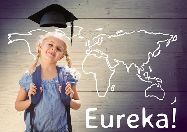 Text eureka and smiling schoolgirl standing against wooden background - Download Free Stock Photos Pikwizard.com
