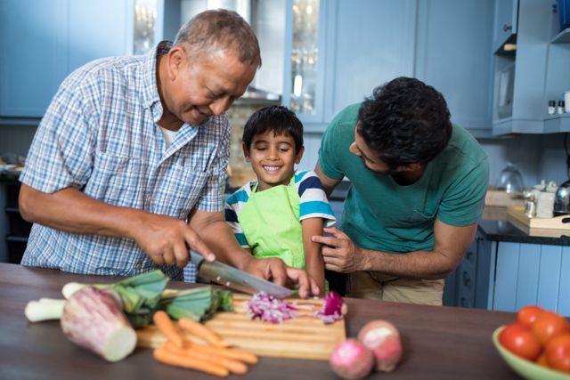Father looking at son while standing by man cutting onion - Download Free Stock Photos Pikwizard.com
