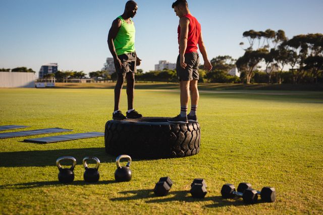 Two diverse fit men standing on tire, exercising outdoors - Download Free Stock Photos Pikwizard.com