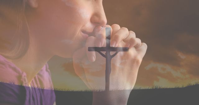 Image of caucasian woman praying and crucifix at sunset - Download Free Stock Photos Pikwizard.com