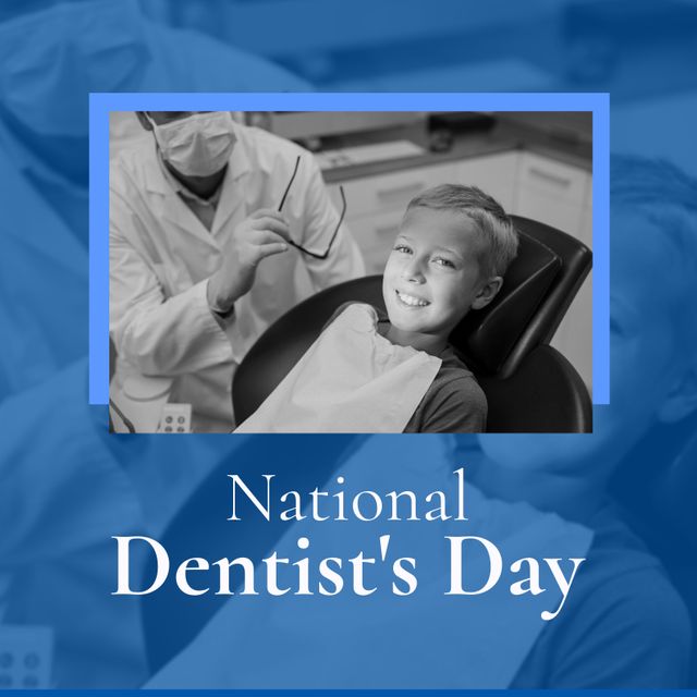 Composition of national dentist's day text and male dentist with boy patient in surgery. National dentist's day, dentistry and tooth health concept.