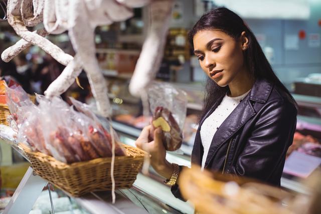 Woman selecting sausage at meat counter in supermarket