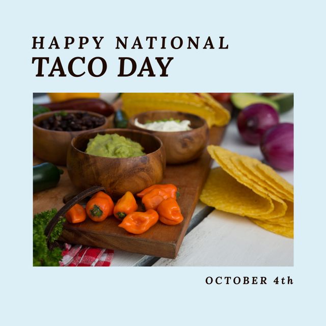 Composition of happy national taco day text over tacos on blue background. National taco day and celebration concept digitally generated image.