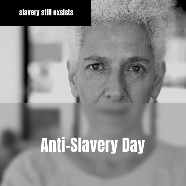 Composite of slavery still exists and anti-slavery day text over portrait of caucasian senior woman. Copy space, abolitionism, human rights, freedom, trafficking and awareness concept.