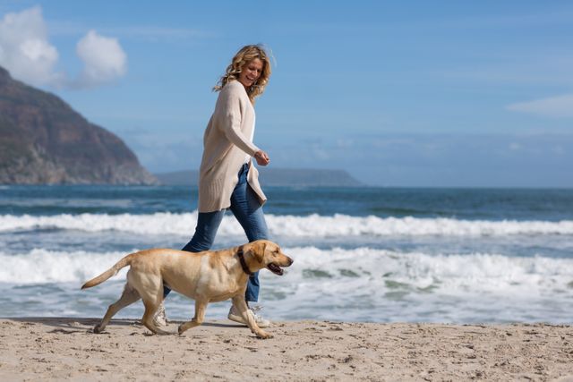 Woman walking with her dog on the beach - Download Free Stock Photos Pikwizard.com