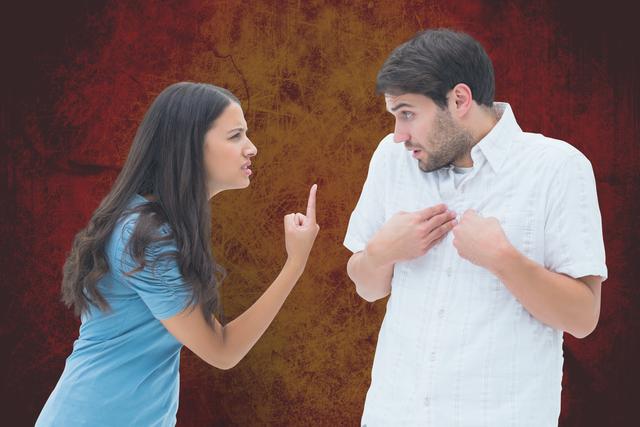 Digital composite of Angry couple arguing over orange background